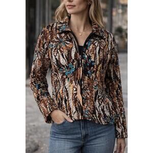 Crinkle Texture zip front jacket Cotton Blend Abstract Floral Brown Blue Med